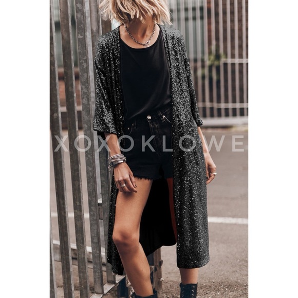 Black SEQUIN Open Front Duster Long Fully Lined - Picture 7 of 13